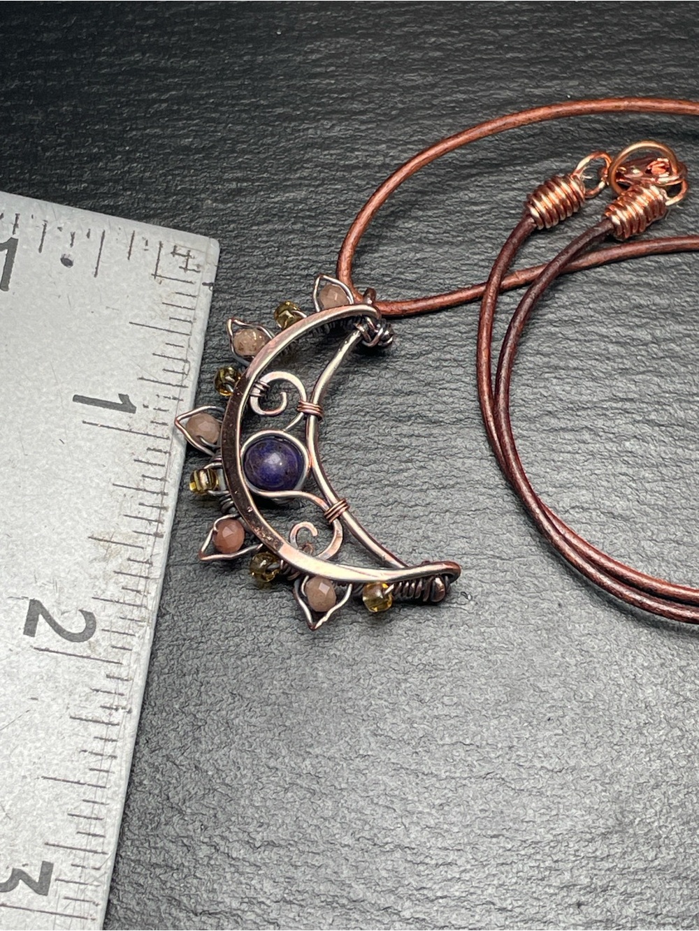 Moon in the Wild Handmade Crescent Necklace — Copper with Lapis And Sunstones - Picture 12 of 13